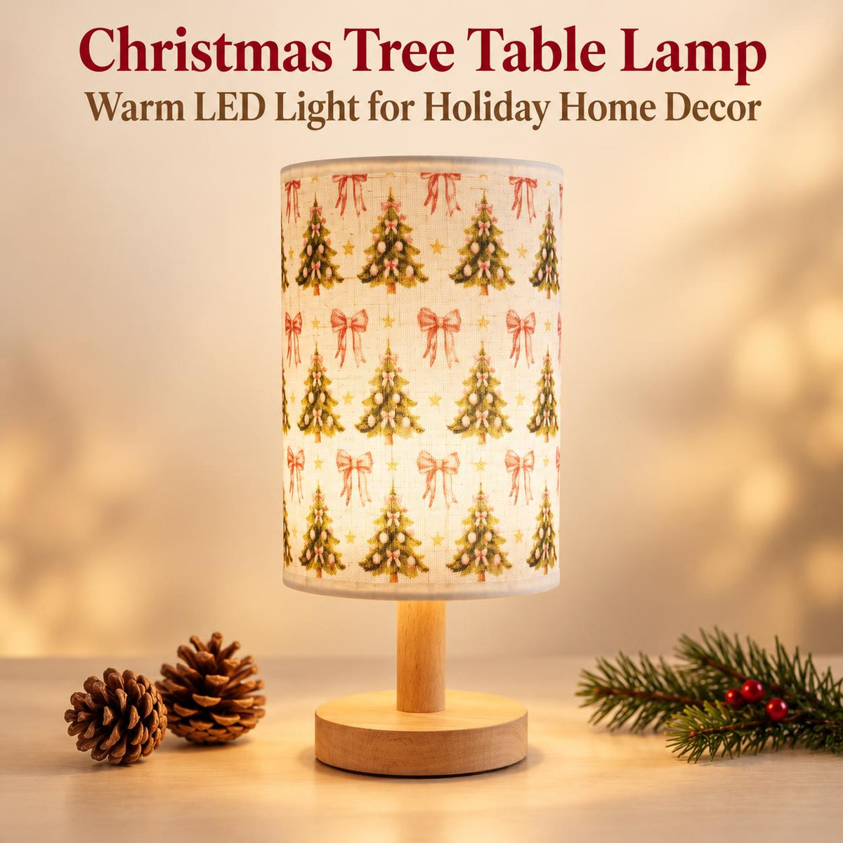 Christmas Fabric Table Lamp — Tree & Bow — Primary catalog image
