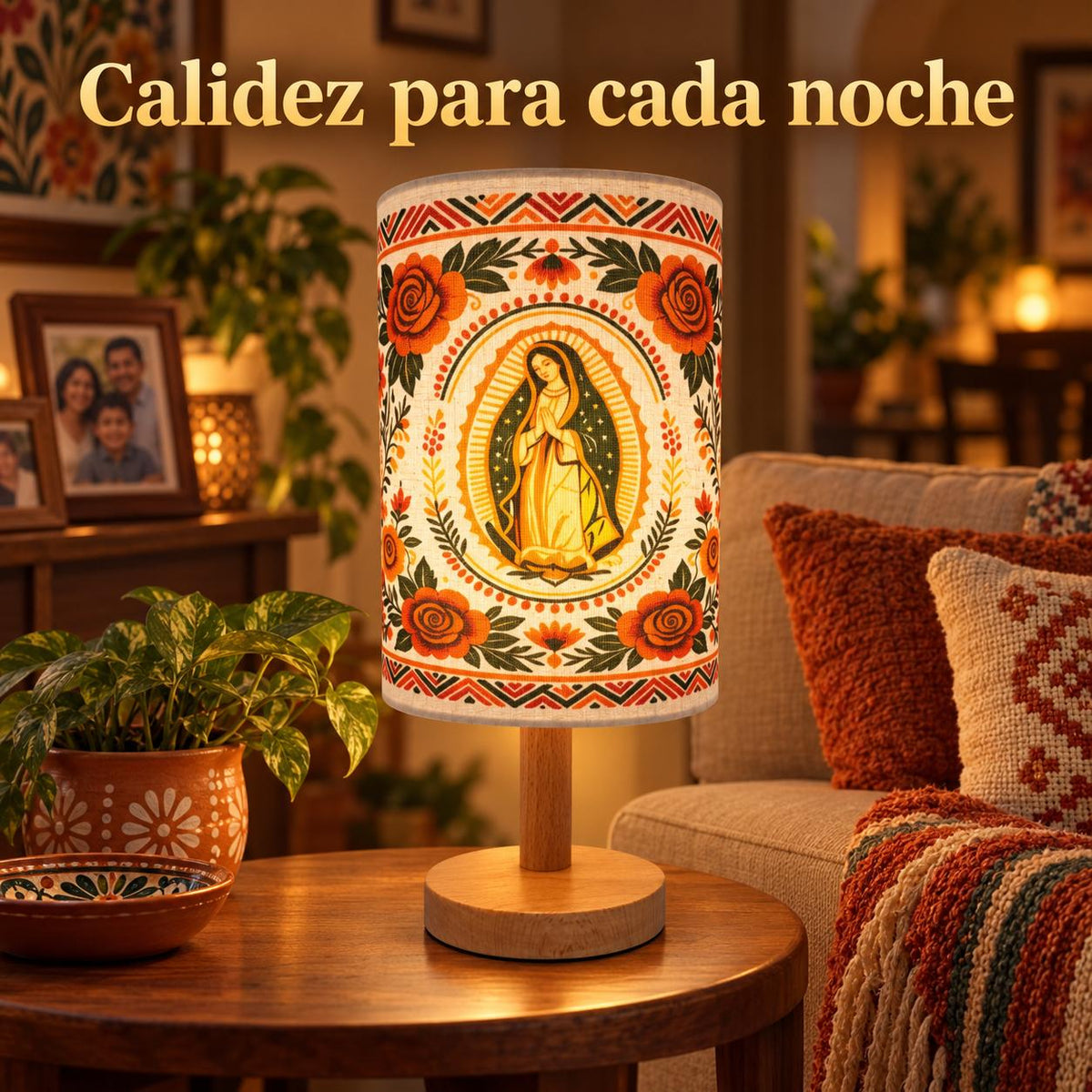 Our Lady of Guadalupe Fabric Lamp — Ornamental — Product on a bedside table