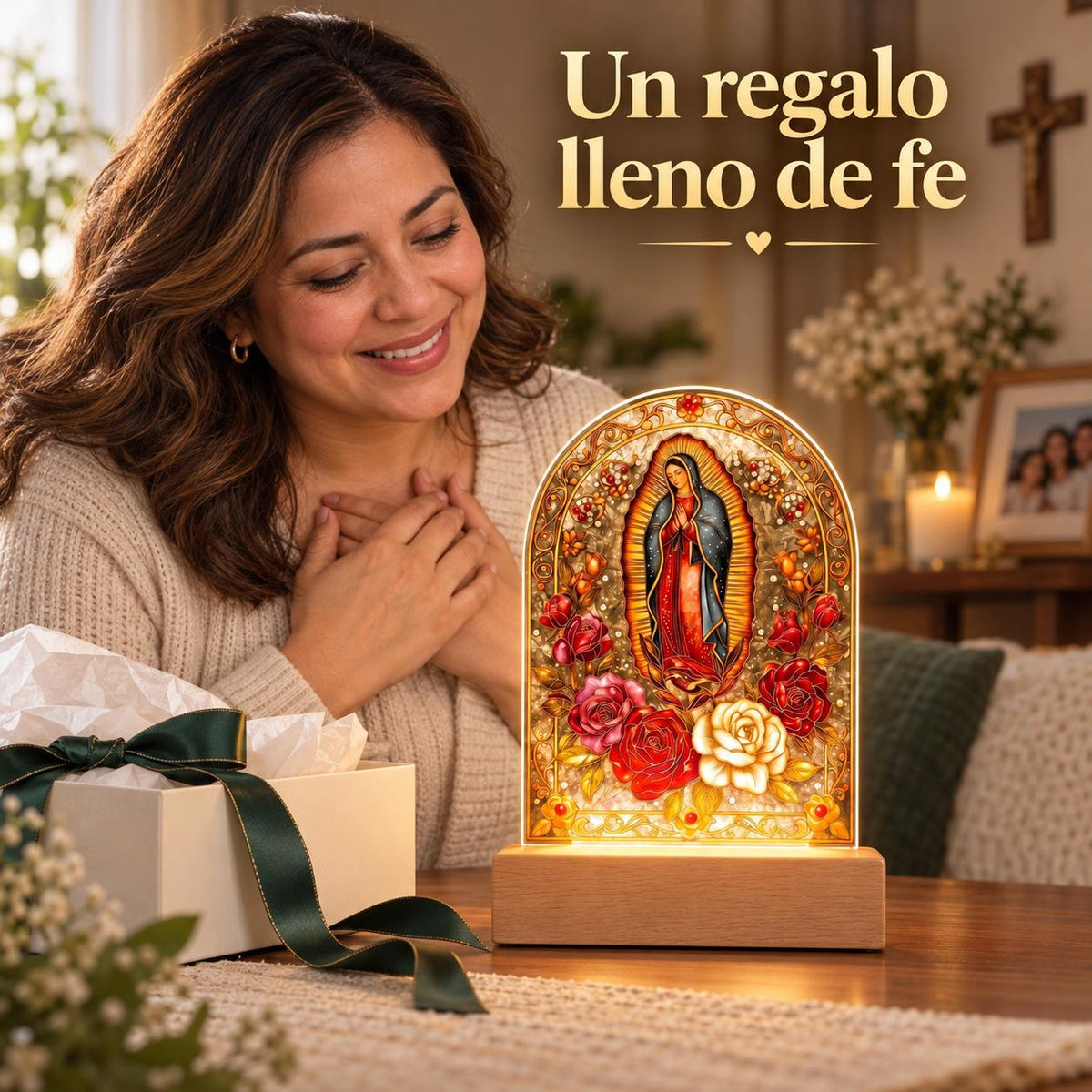 Our Lady of Guadalupe Acrylic Light — Classic Outline — Product shown in a gift-giving scene; props are not included