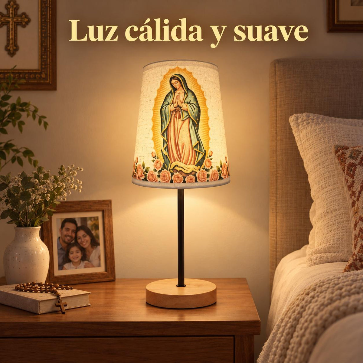 Our Lady of Guadalupe Fabric Lamp — Rose Artwork — Product on a bedside table