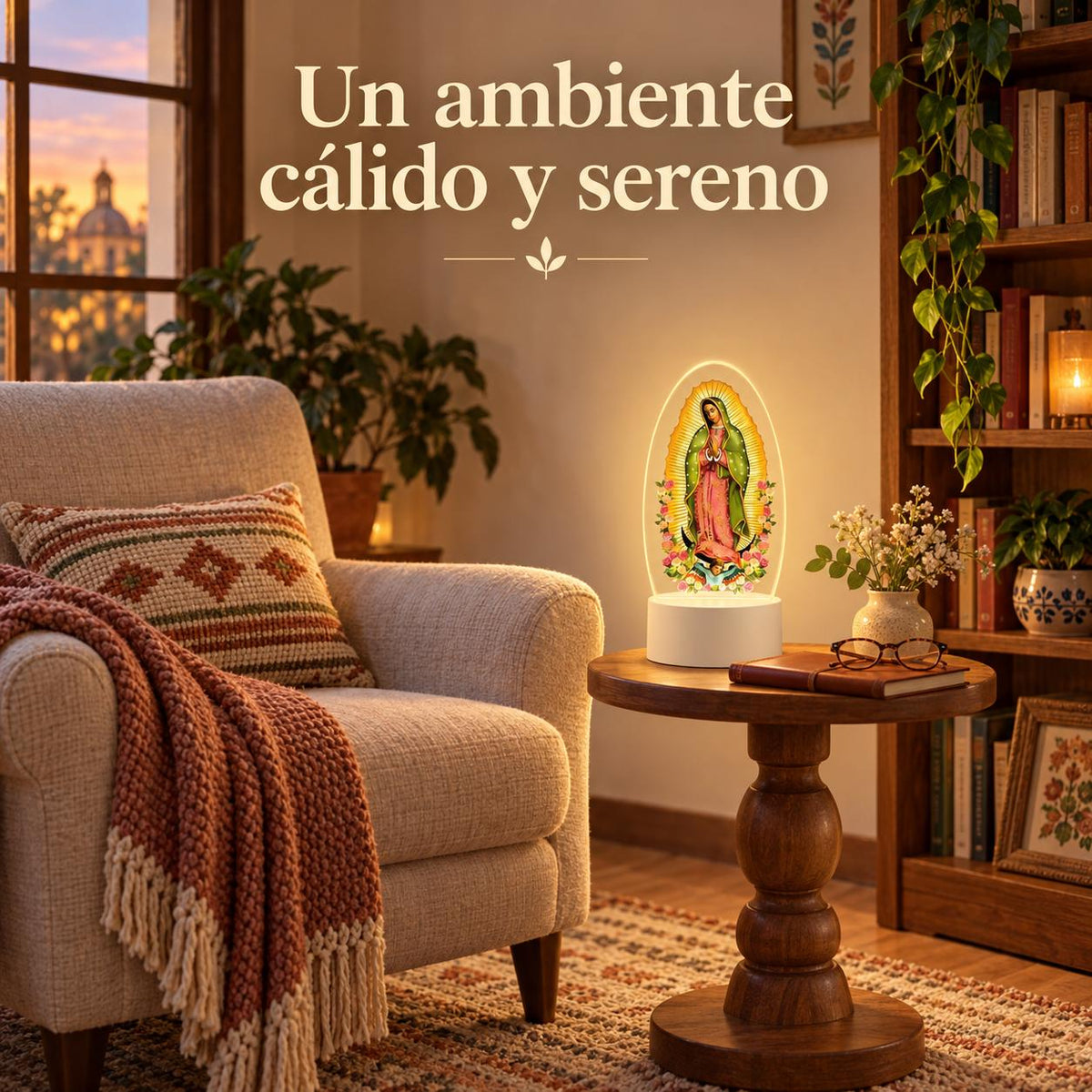 Our Lady of Guadalupe Acrylic Prayer Light — Three Color — Product beside a seating area