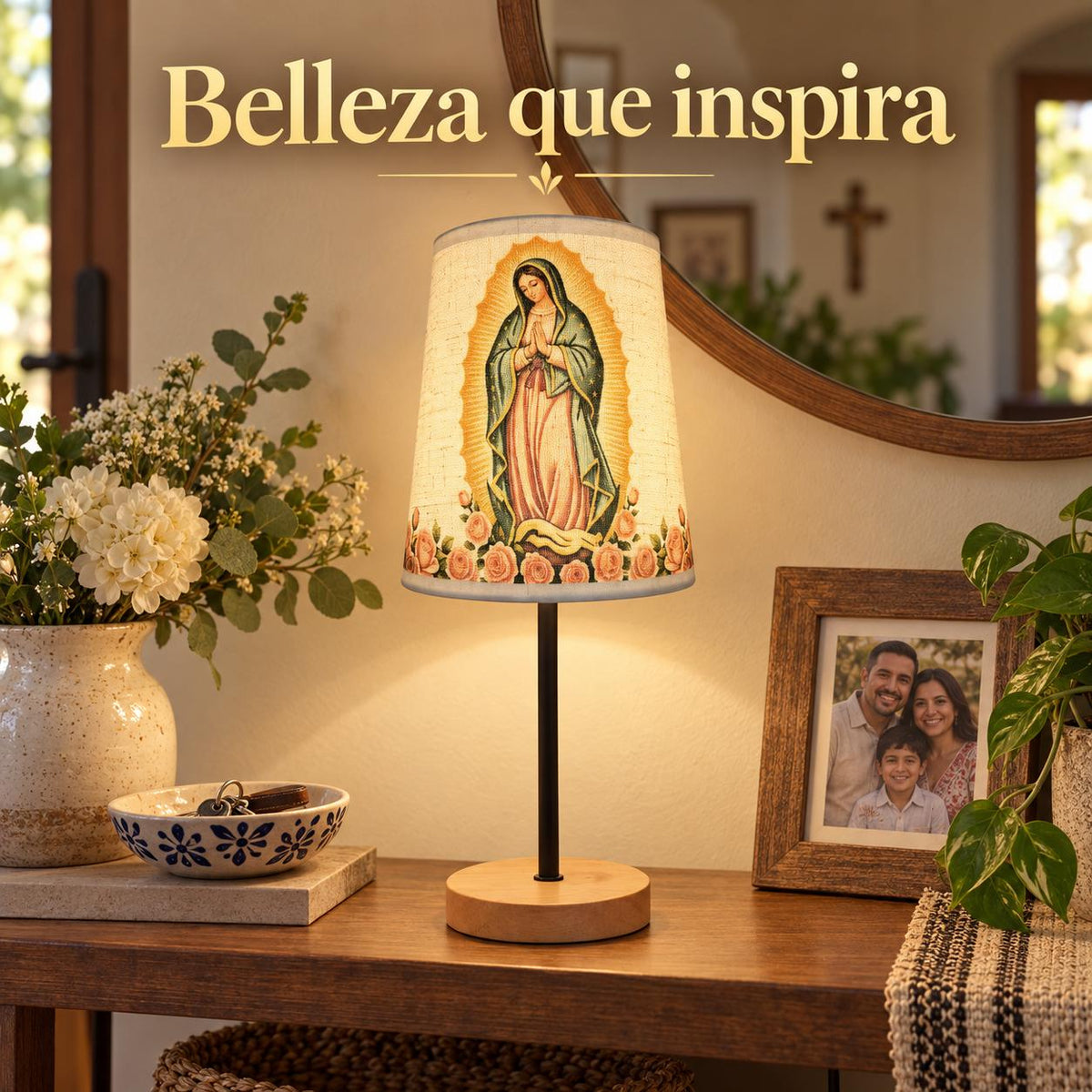 Our Lady of Guadalupe Fabric Lamp — Rose Artwork — Product styled in a home interior
