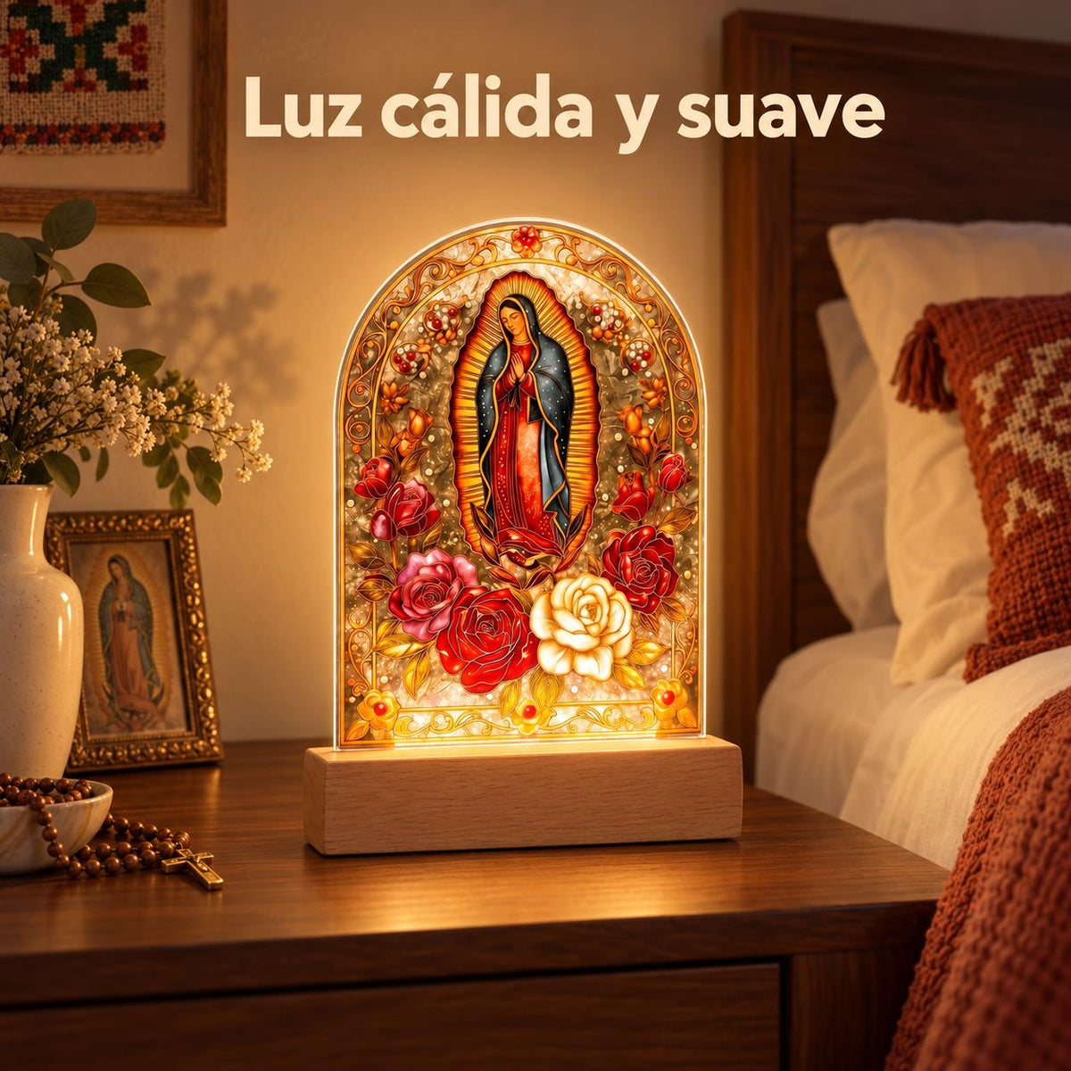 Our Lady of Guadalupe Acrylic Light — Classic Outline — Product on a bedside table