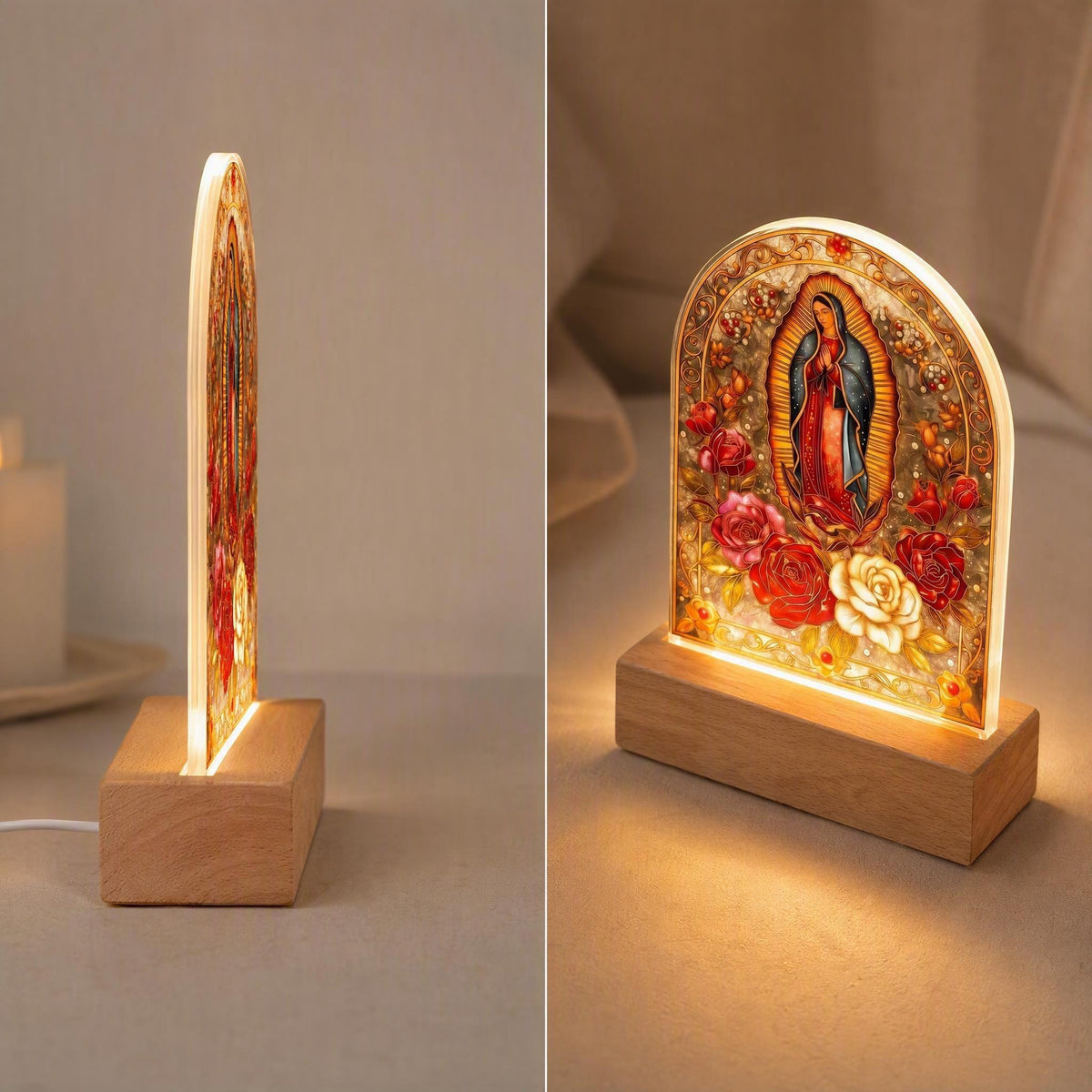 Our Lady of Guadalupe Acrylic Light — Classic Outline — Side and angled views of the panel and base