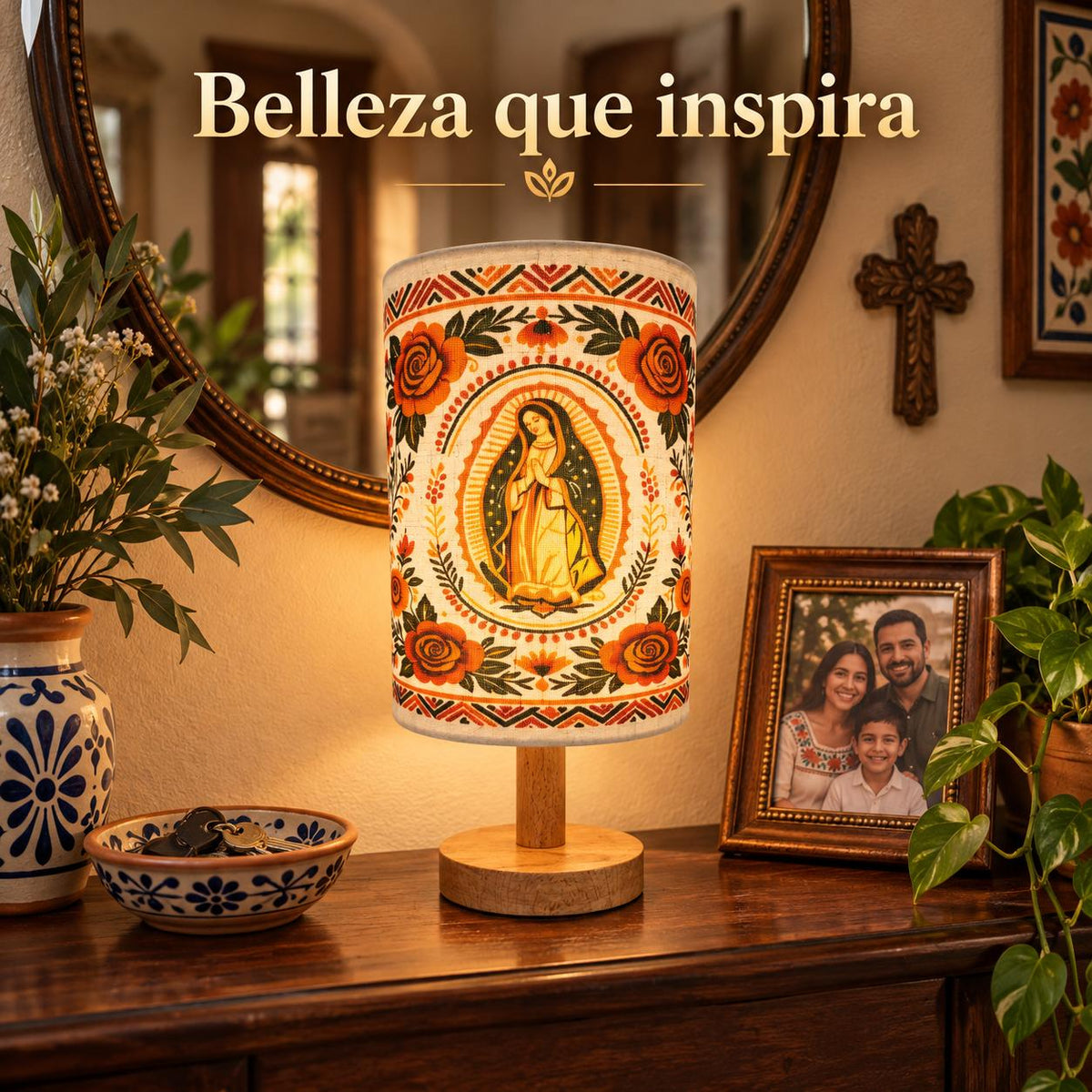 Our Lady of Guadalupe Fabric Lamp — Ornamental — Product styled in a home interior