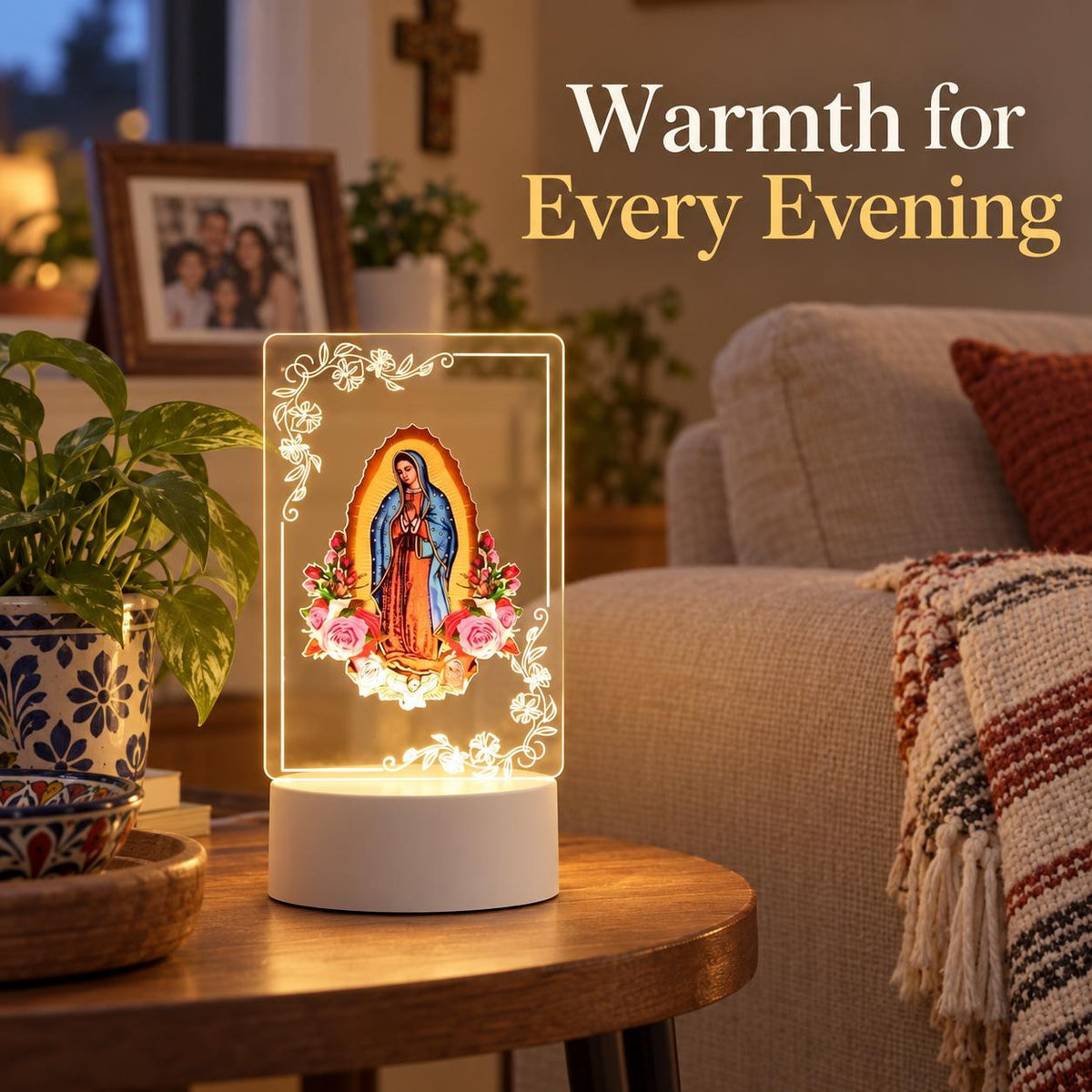 Our Lady of Guadalupe Acrylic Night Light — Floral Panel — Product beside a seating area