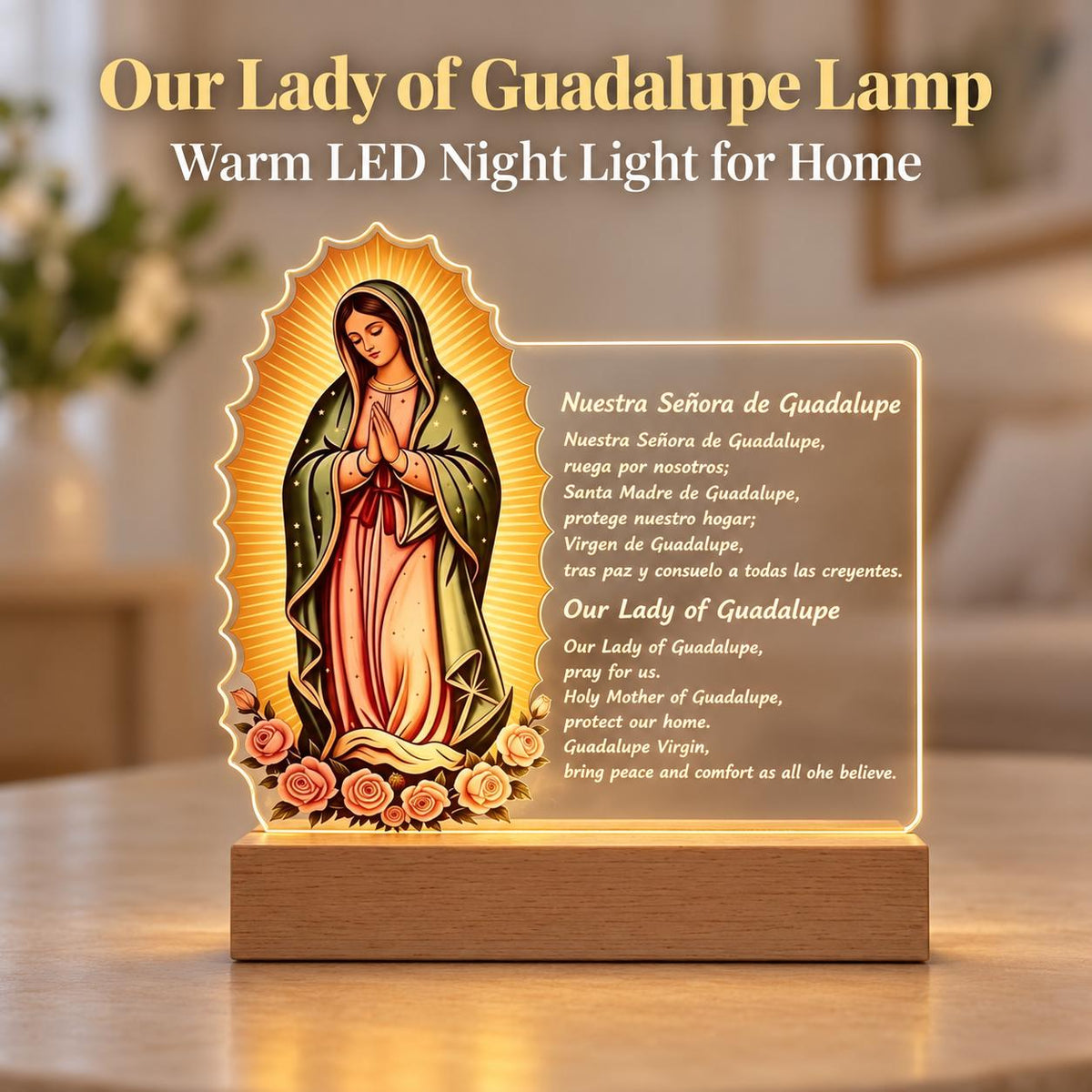 Our Lady of Guadalupe Acrylic Light — Prayer Text — Primary catalog image