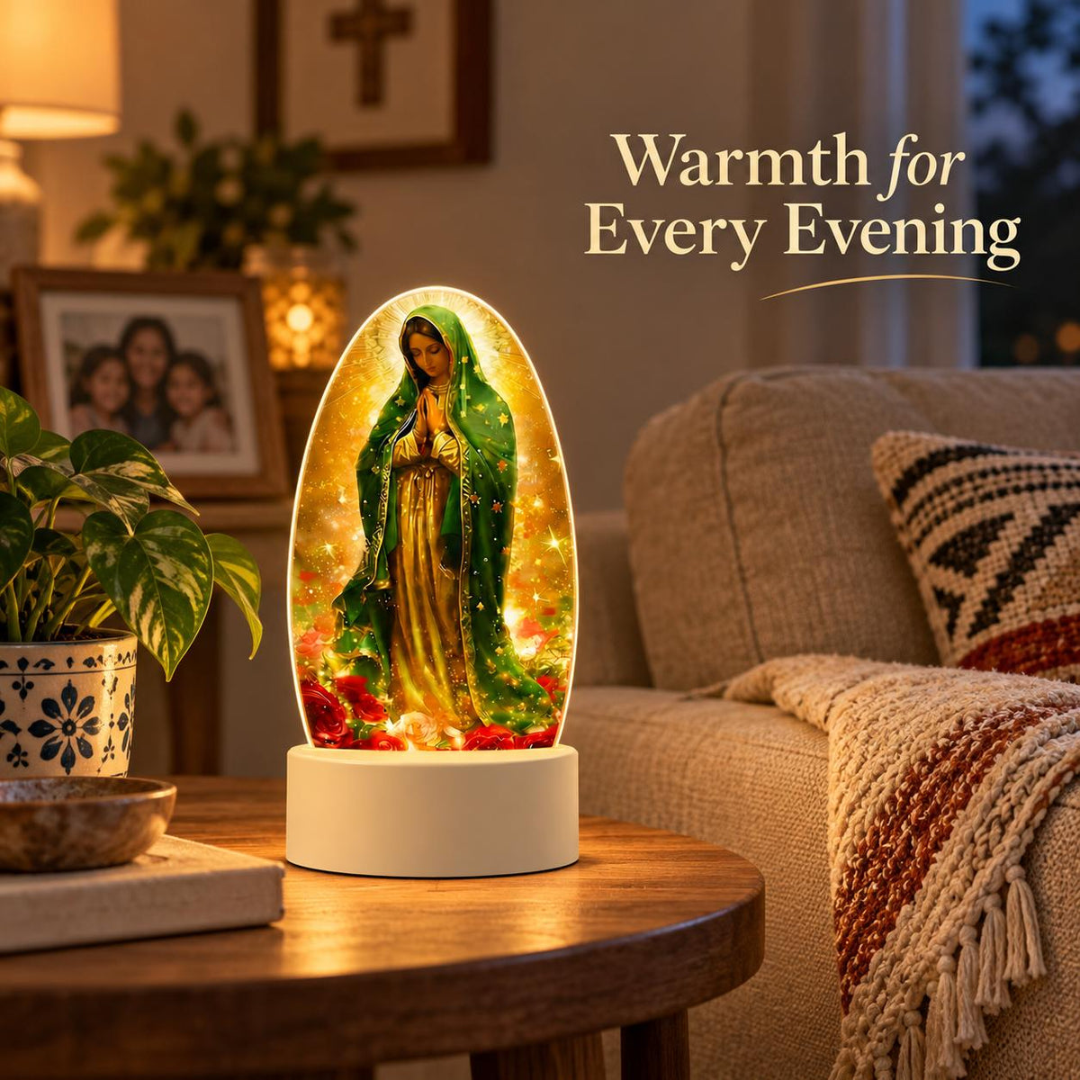 Luz de oración de Guadalupe — Floral de siete colores — Producto junto a una zona de descanso