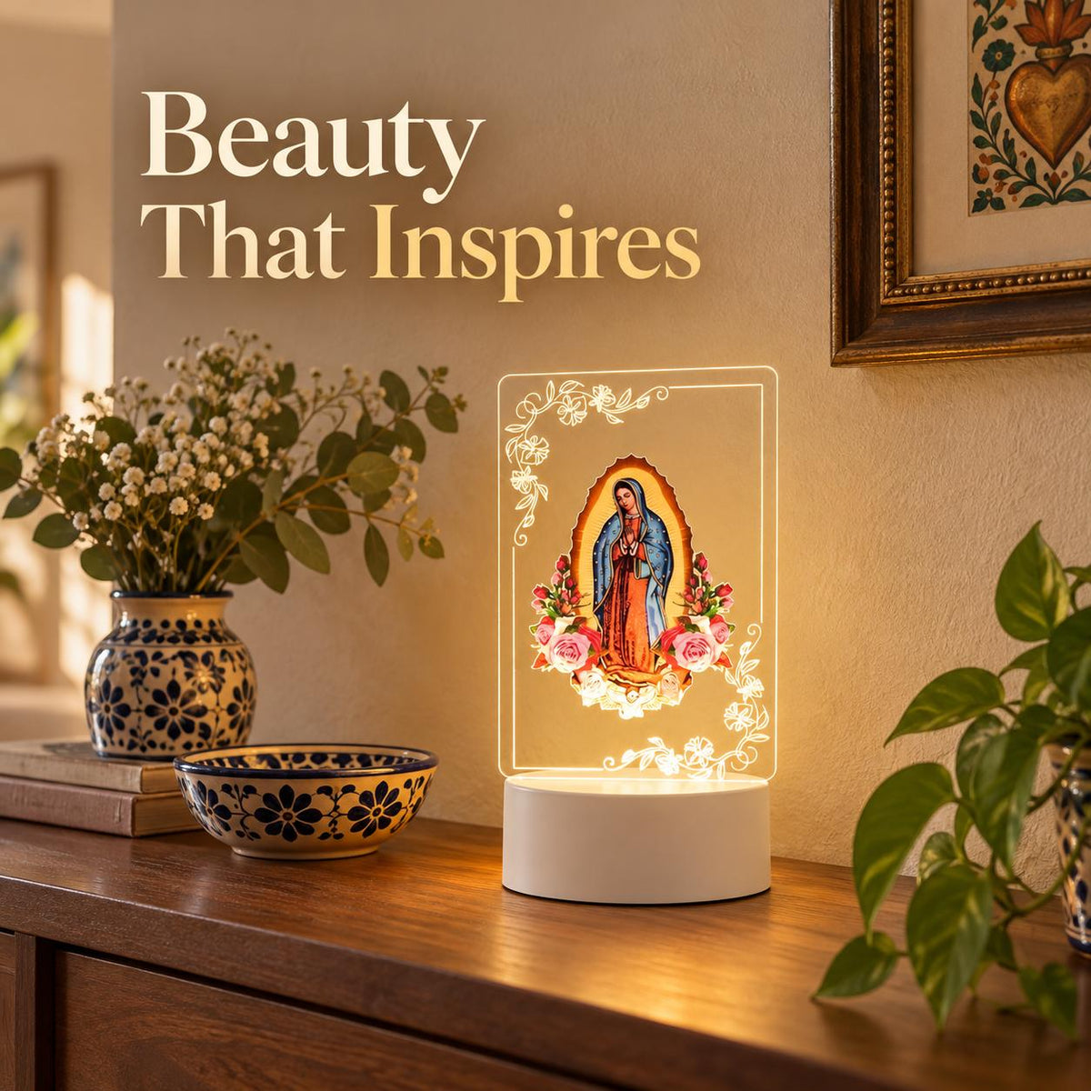 Our Lady of Guadalupe Acrylic Night Light — Floral Panel — Product styled in a home interior