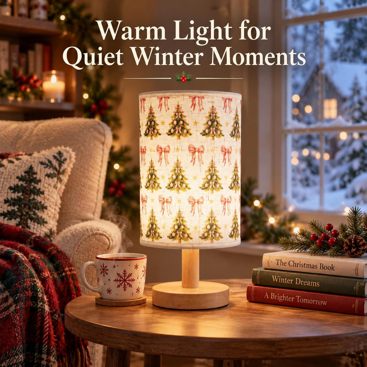 Christmas Fabric Table Lamp — Tree & Bow — Product styled in a home interior