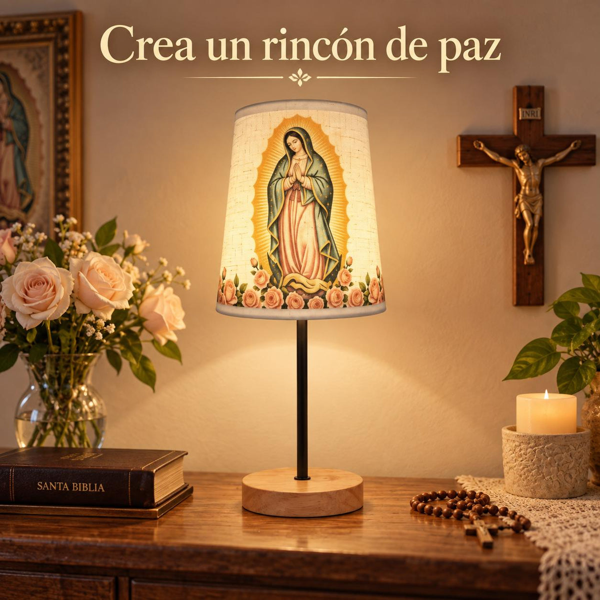 Our Lady of Guadalupe Fabric Lamp — Rose Artwork — Product styled in a home prayer corner