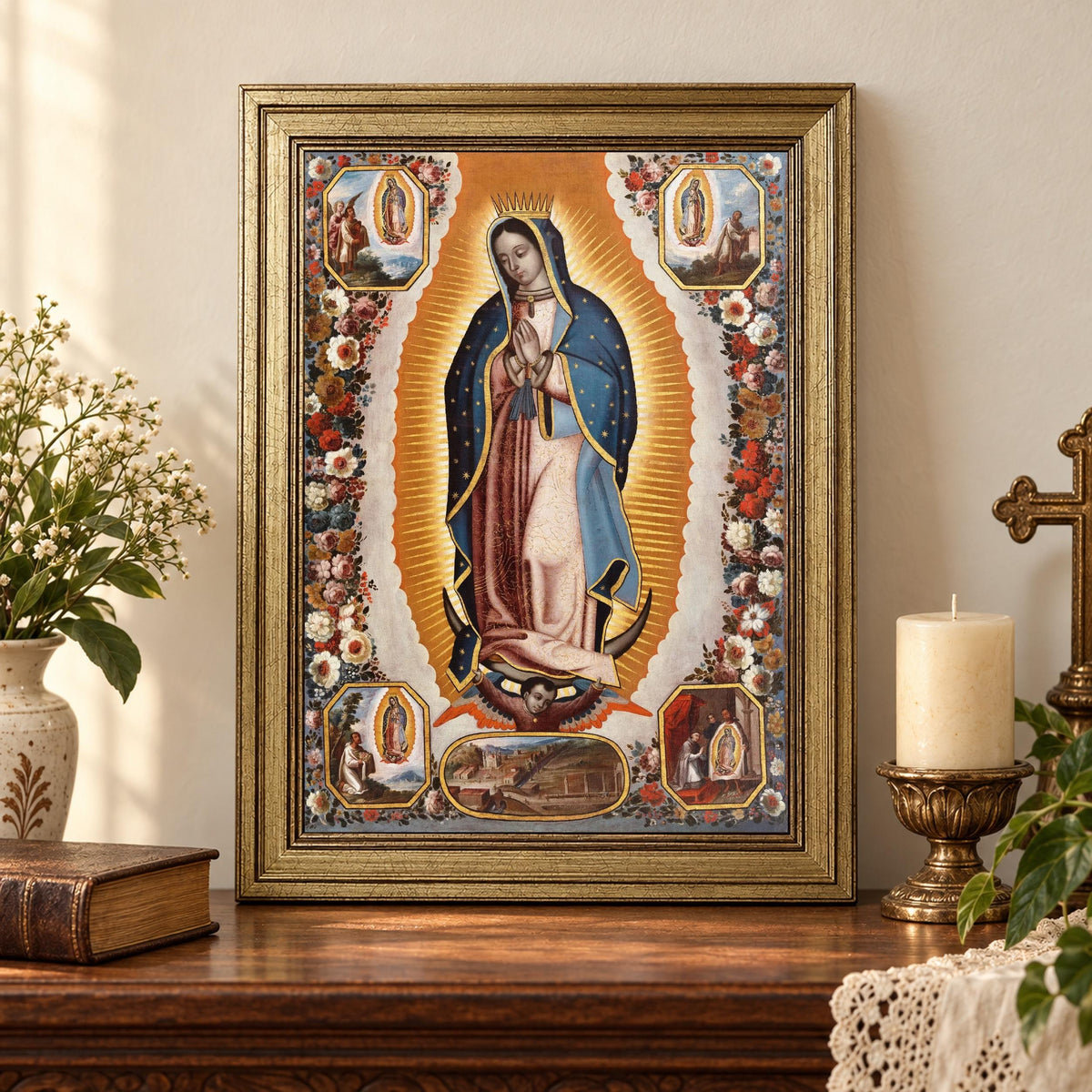 Cuadro de la Virgen de Guadalupe — A025 — Producto en un rincón de oración en casa