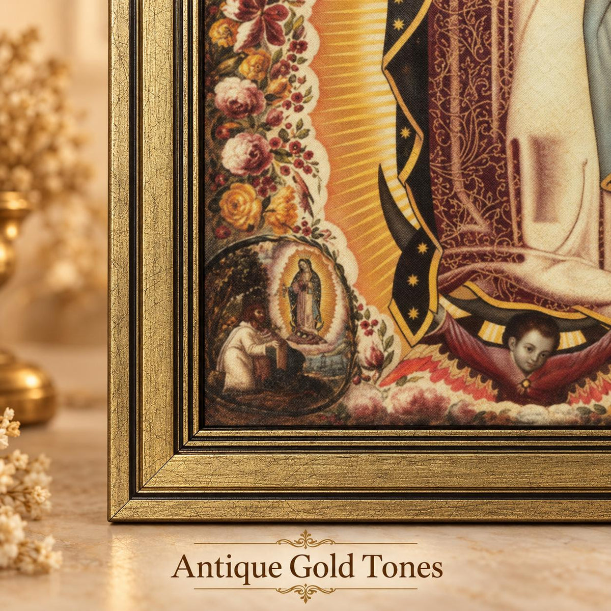 Our Lady of Guadalupe Framed Art — Devotional Scenes — Close-up of the frame and printed artwork