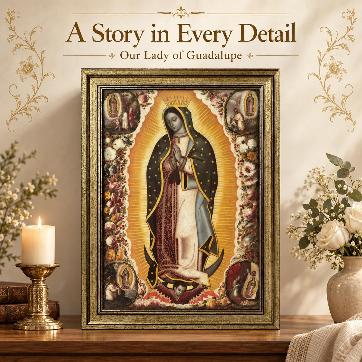 Our Lady of Guadalupe Framed Art — Devotional Scenes — Angled view of the product