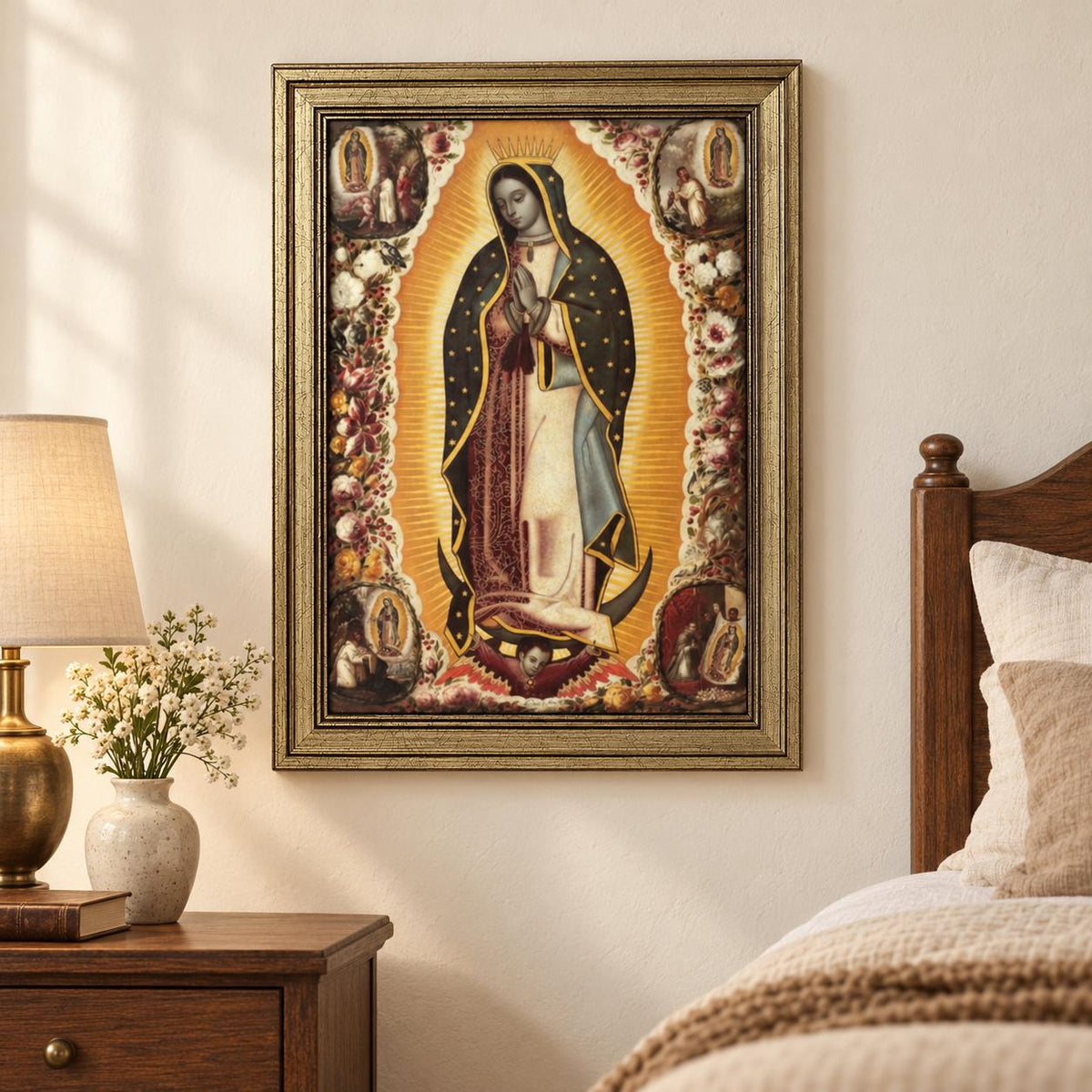 Our Lady of Guadalupe Framed Art — Devotional Scenes — Product on a bedside table
