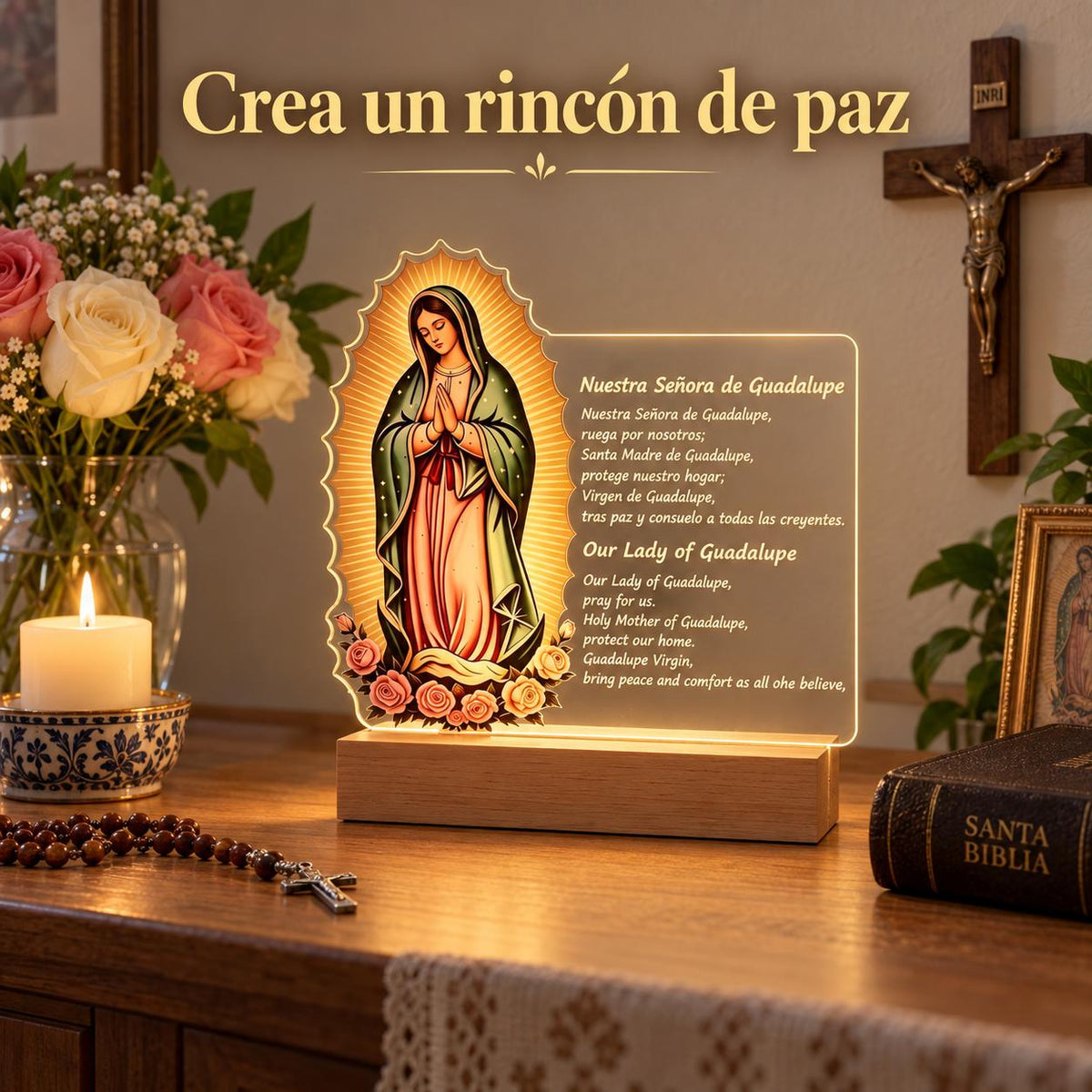 Our Lady of Guadalupe Acrylic Light — Prayer Text — Product styled in a home prayer corner