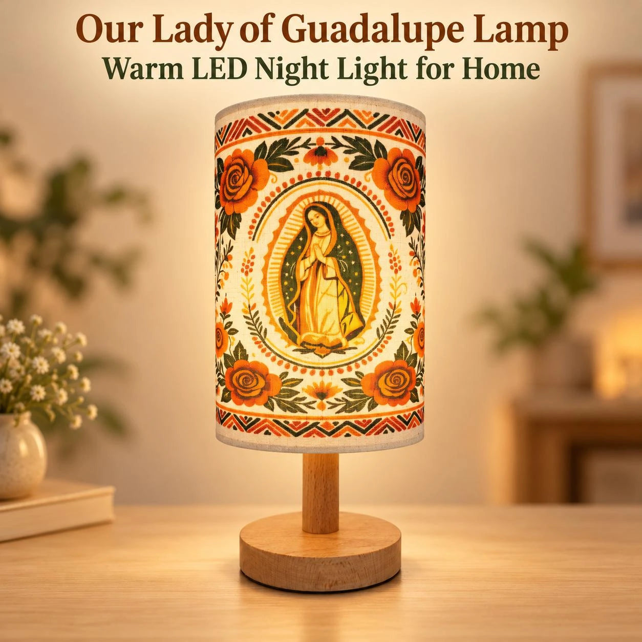 Our Lady of Guadalupe Compact Table Lamp - Minimalist Mother Mary Medallion Religious Home Decor, Fabric Shade LED Lights Bedroom Nightlight, Solid Wood Base, 23cm H x 12cm Base Diameter, 450g, Soft Warm Glow for Ambience Baptism Use