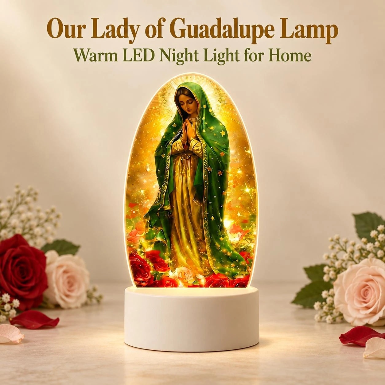 Sacred Our Lady of Guadalupe 3-Color USB Warm LED Floral Prayer Lamp - 6.22 Inch / 15.8 Cm Acrylic Body with Rose Motif, Ornate Catholic Home Religious Decor, Boxed Gift for Baptism, Mother's Day Spiritual Accent Light