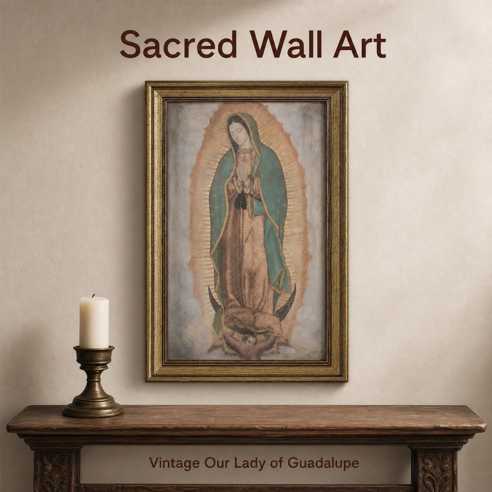 Catholic Traditional Wooden Framed Vintage Our Lady of Guadalupe Canvas Print, Lightweight Sacred Virgin Mary Wall Art (12x16in/30x40cm,12x18in/30x45cm,16x24in/40x60cm), Ready-to-Hang Home Decor for Living Room, Religious Family Gift