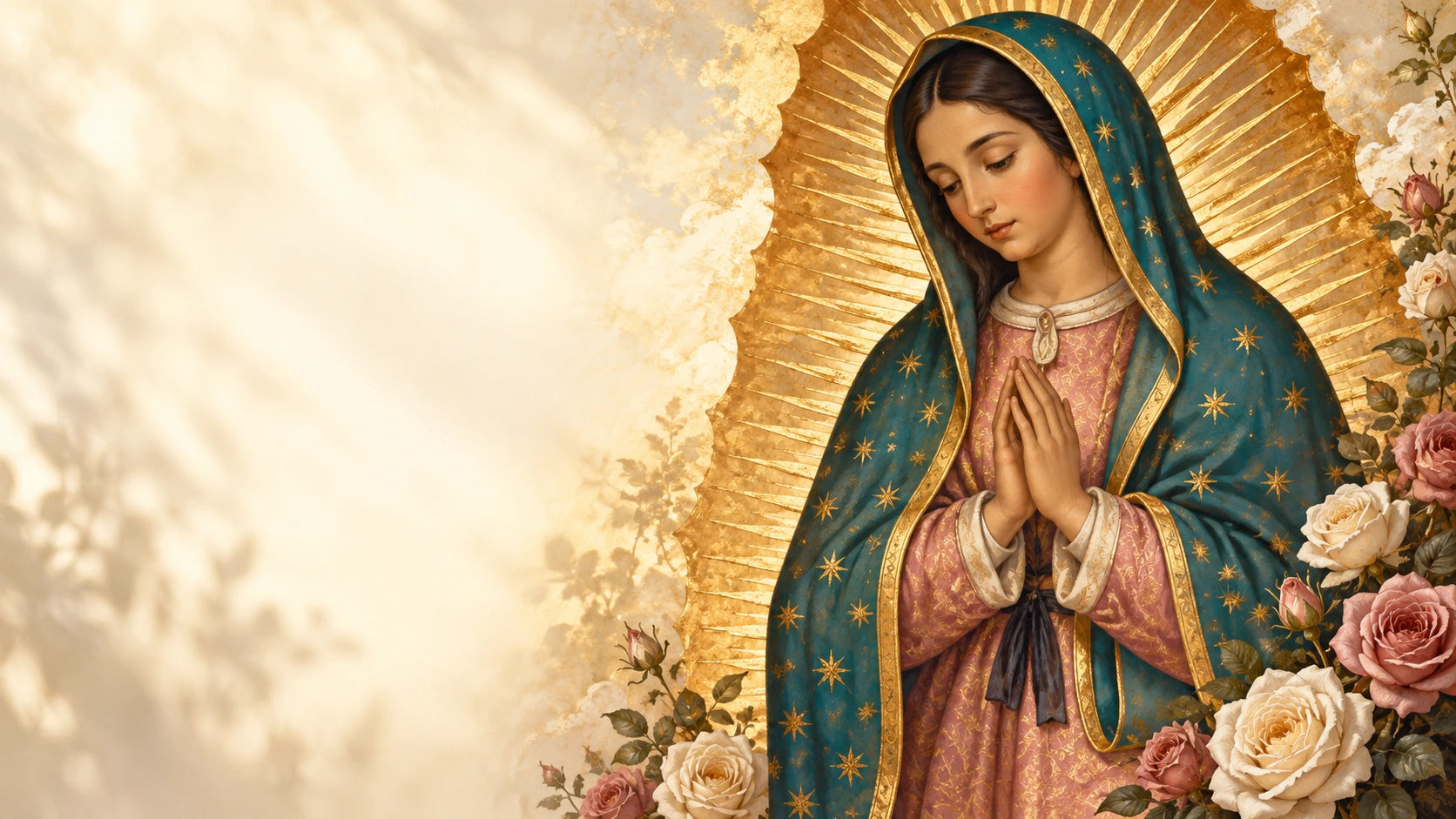 Our Lady of Guadalupe surrounded by golden rays and roses