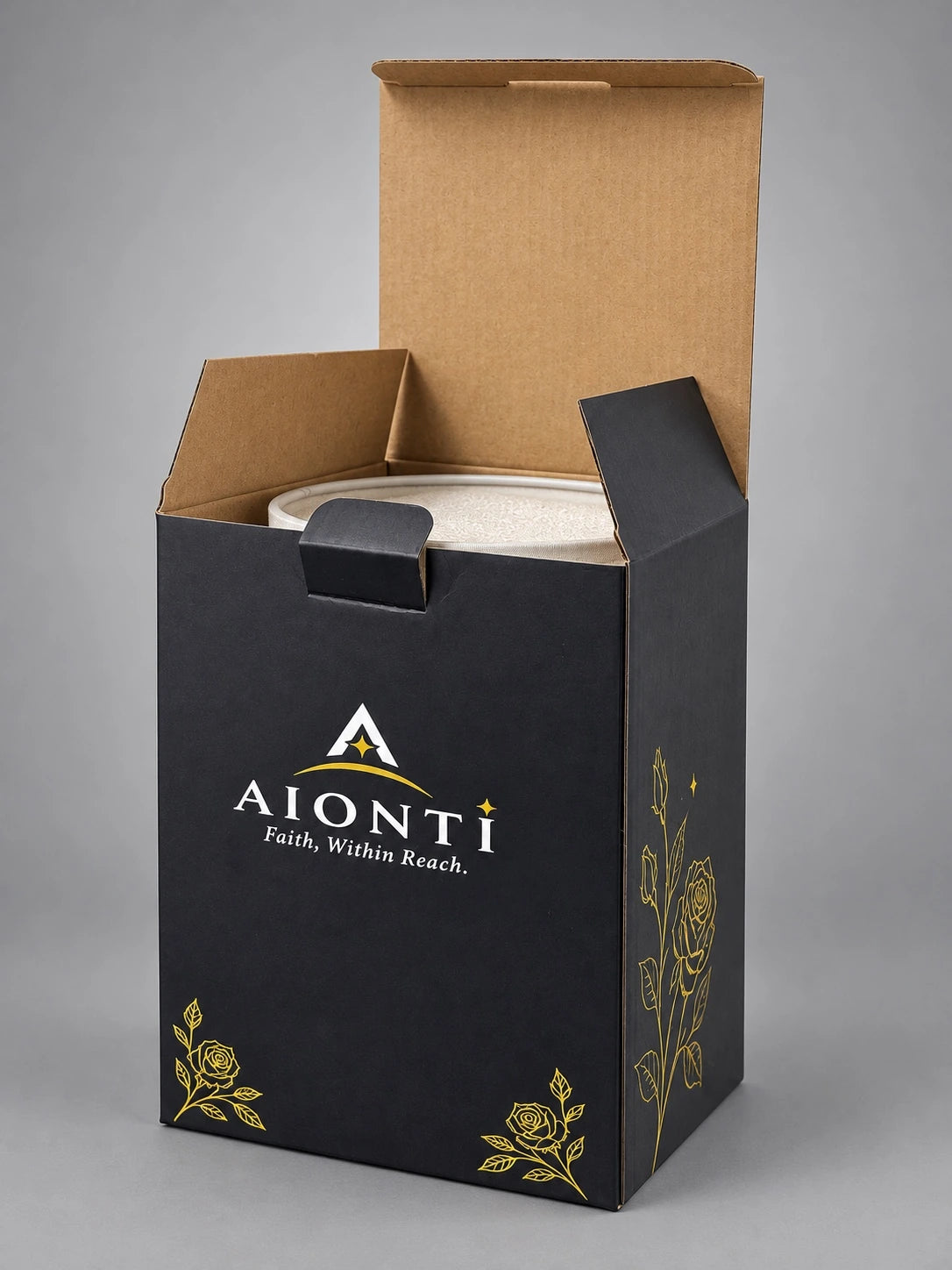 AIONTI navy-and-gold lamp packaging with rose details
